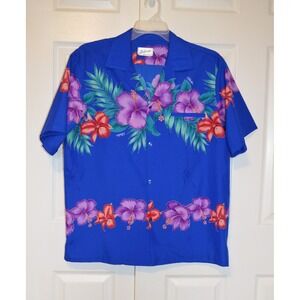 Helena's Hawaiian Shirt Men's XL Blue Floral Hibiscus Tropical Aloha Button‎ Up